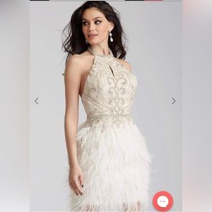 Jovani - 45547 Beaded Halter Feather Fringed Cocktail Dress